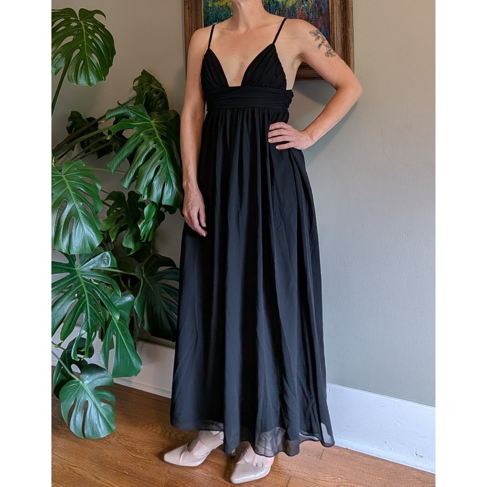 Beginning Boutique Black Chiffon Maxi Dress 6 Babydoll Flowy Plunging Neck Event